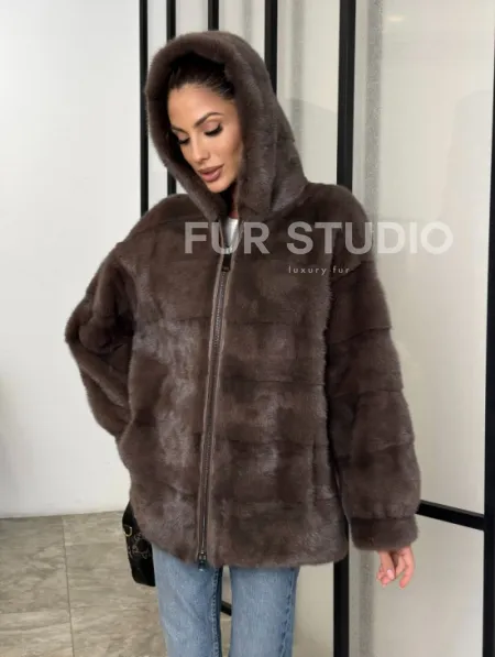 Норковый полушубок с капюшоном на молнии - фото 6
