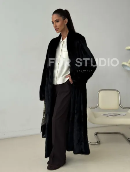 Длинная черная норковая шуба - фото 8