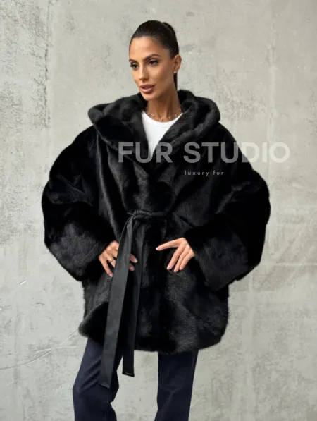 Полушубок черный норковый с капюшоном - фото 8