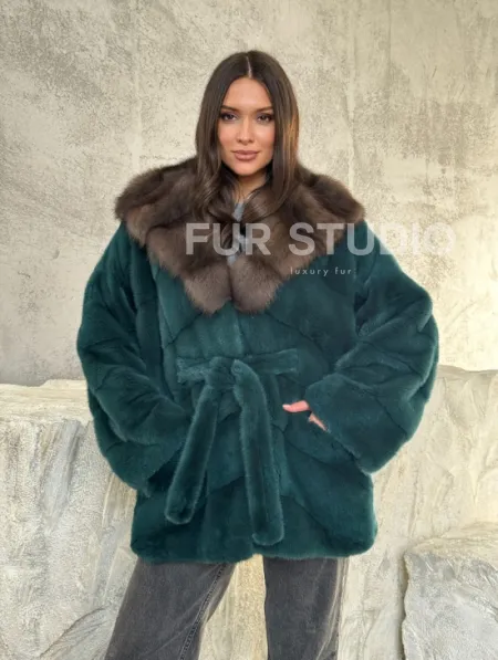 Шуба норка кимоно - капюшон куница - фото 10