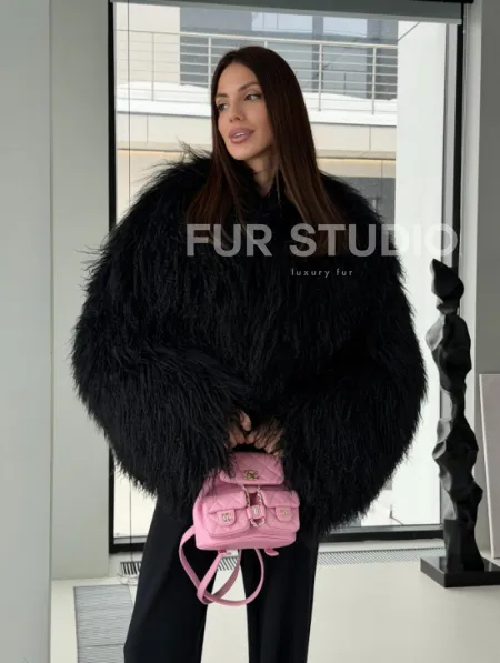 Полушубок черный из ламы - фото 13