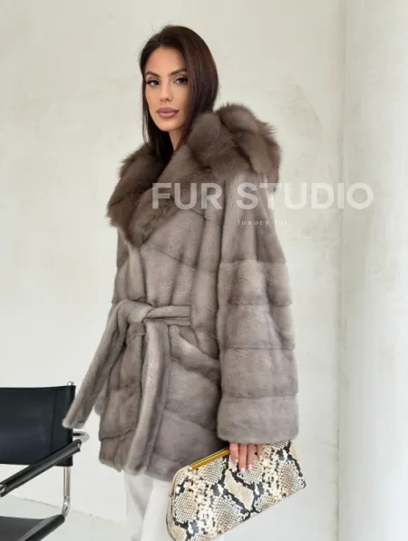 Серый норковый полушубок - капюшон куница - фото 9