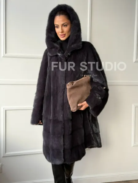 Норковая шуба с капюшоном - графит - фото 0