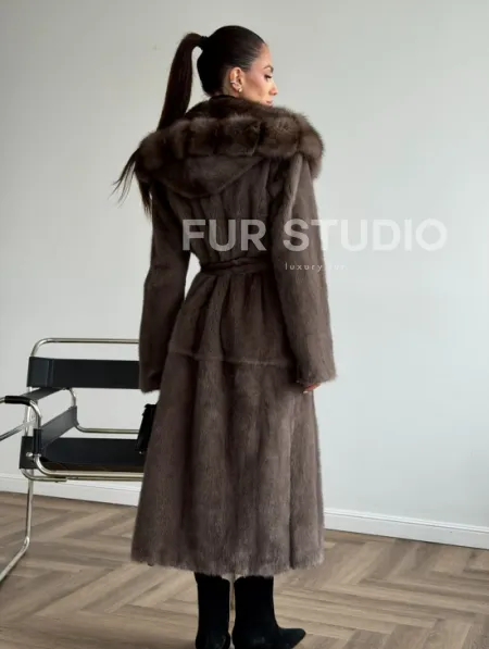 Шуба норковая длинная с капюшоном - фото 10