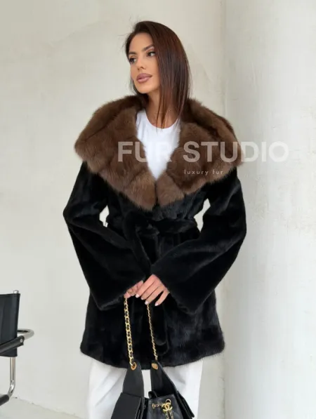 Черная шуба в роспуск с капюшоном соболь - фото 13