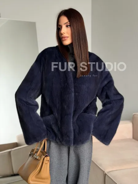 Короткий норковый жакет - синий графит - фото 11