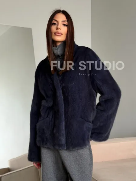 Короткий норковый жакет - синий графит - фото 13