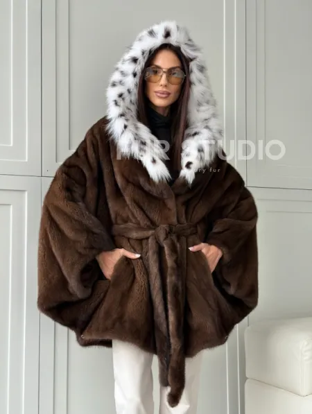 Норковая шуба с капюшоном по рысь - фото 13