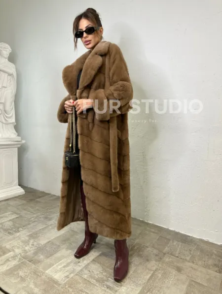 Длинная шуба карамель кимоно мех NAFA - фото 5