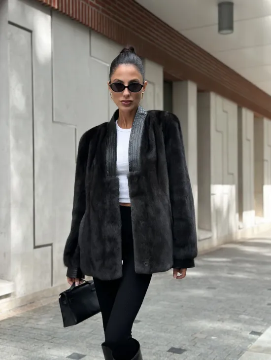 Жакет - шуба из меха норки с отделкой из кожи - графит - фото 0