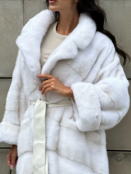 Светлая норковая шуба с английским воротом - цвет паломино - фото 3