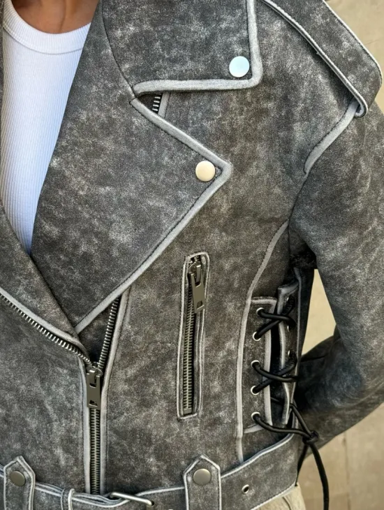 Косуха из натуральной кожи Vintage со шнуровкой - цвет серый - фото 1