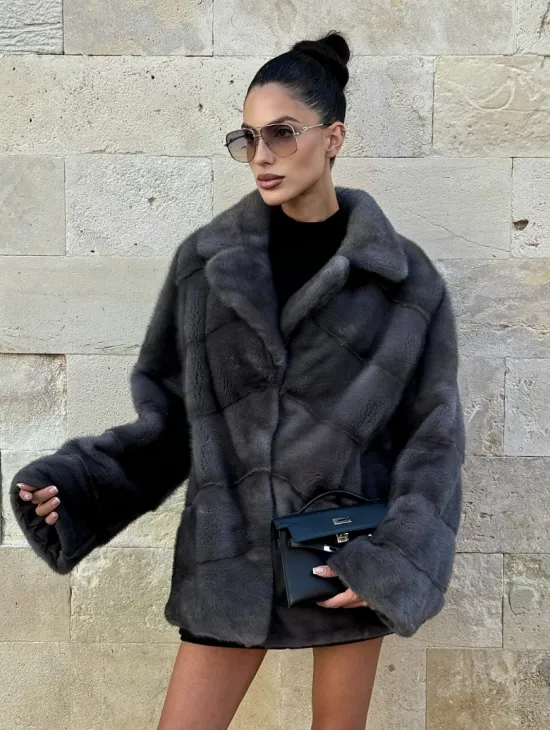 Короткая норковая шуба с английским воротником - цвет графит - фото 8