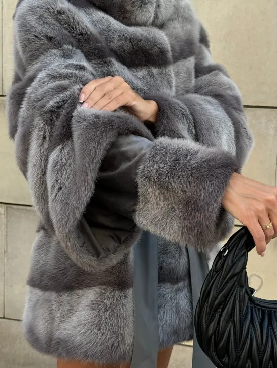 Норковая шуба с рукавом трансформер, капюшон - цвет PLATINUM (СЕРЫЙ) - фото 3