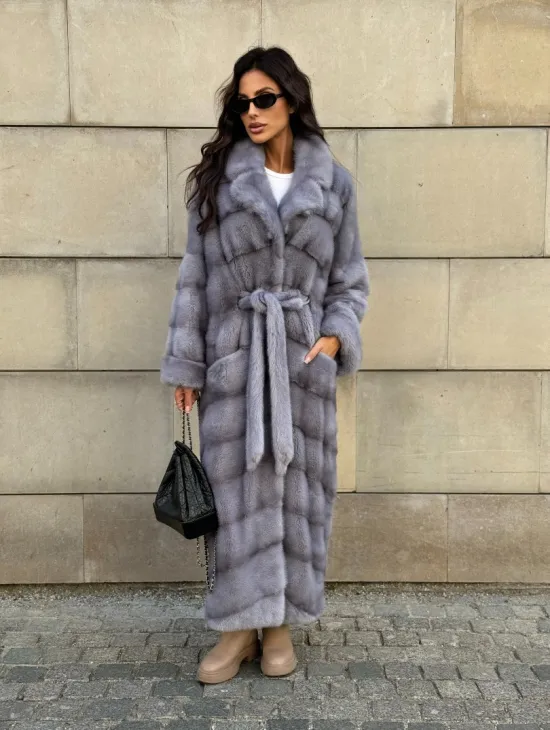 Голубая шуба New Fashion из меха аукционной норки, английский воротник - фото 6