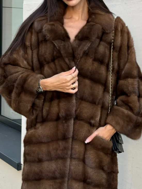 Шуба натуральная из меха норки английский воротник - цвет соболь - фото 1