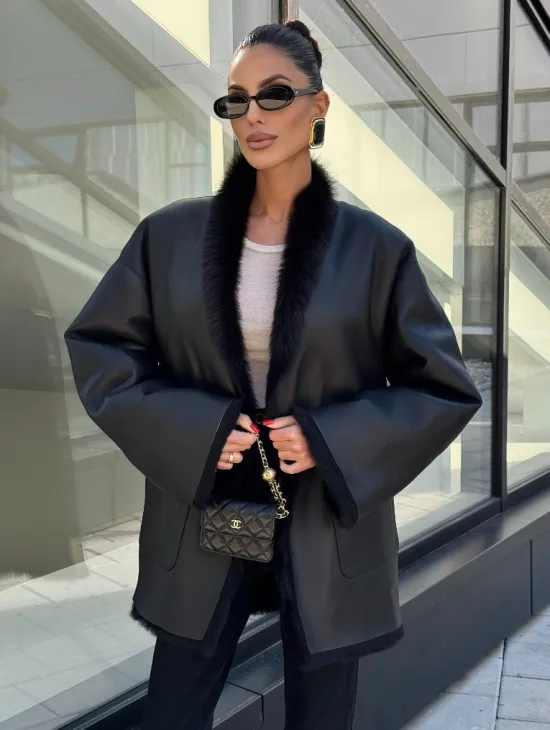 Двухсторонняя черная шуба-дублёнка из итальянской  тосканы - фото 2