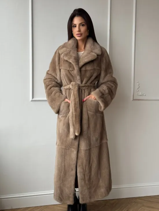 Длинная шуба прямого кроя из меха североамериканской норки с боковыми шлицами - фото 0