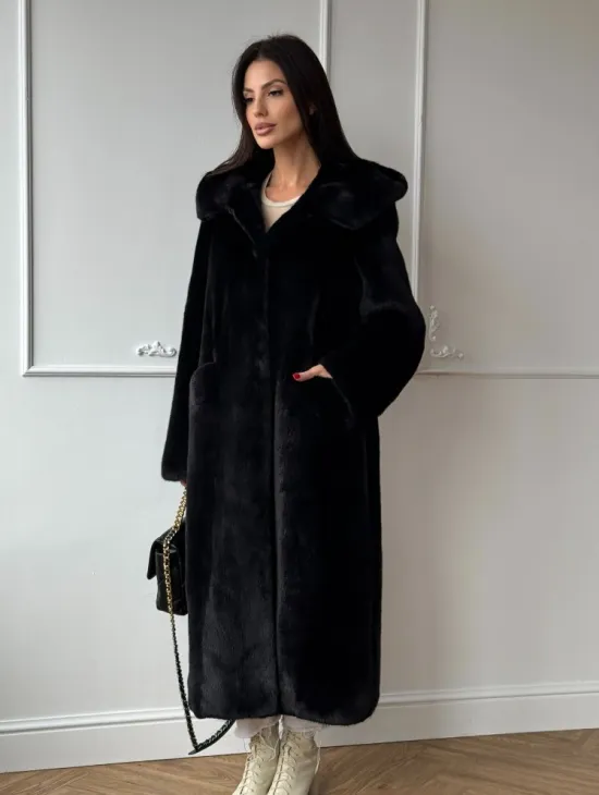 Натуральная черная женская шуба из меха норки Blackglama с капюшоном - фото 6