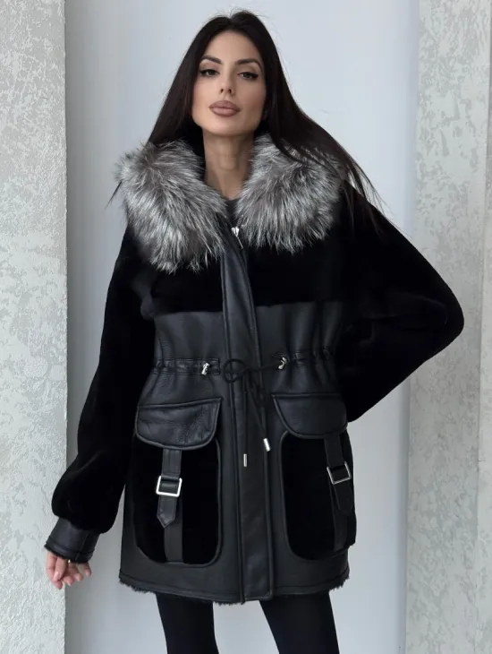 Дубленка женская из овчины на кулиске, капюшон - отделка из чернобурки - фото 2