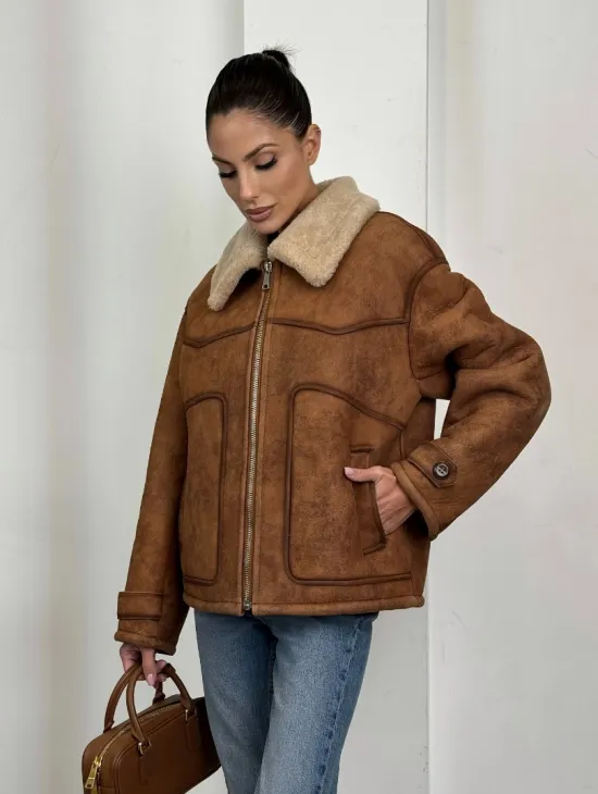 Зимняя короткая кожаная куртка из мериноса в стиле “Vintage” - фото 8