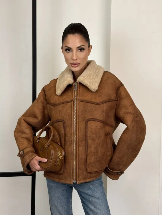 Зимняя короткая кожаная куртка из мериноса в стиле “Vintage” - фото 13