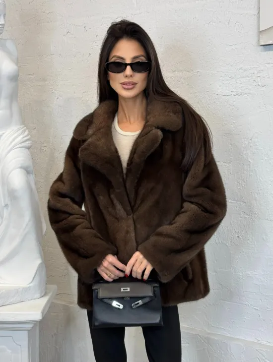 Меховой жакет из плюшевой норки Velvet английский воротник - фото 5