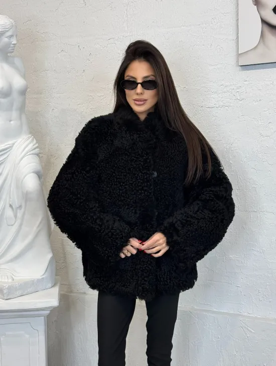 Черный двухсторонний полушубок из натурального меха овчины - фото 8