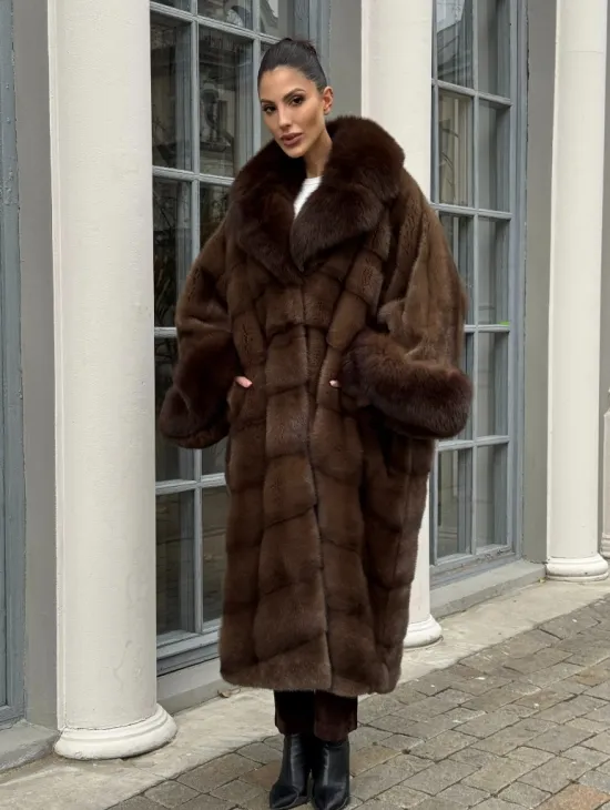Норковая шуба пальто стиль «Бохо» с воротником и рукавами из меха песца - цвет орех - фото 7