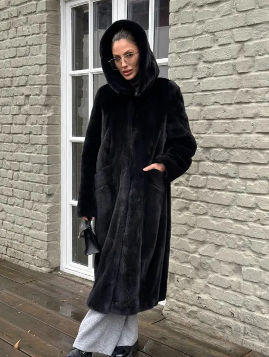 Норковая шуба PREMIUM из аукционной плюшевой норки с капюшоном - фото 0