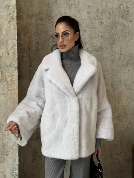 Шуба автоледи из импортной плюшевой норки White с английским воротником - фото 11