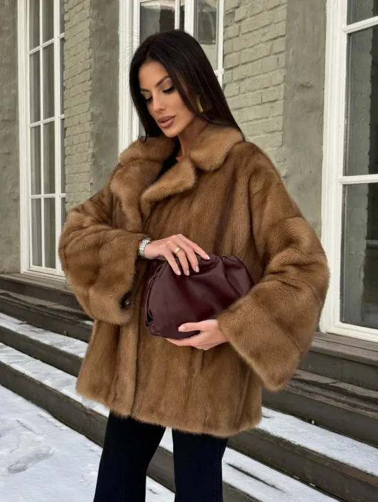 Норковый полушубок Vintage Gold с английским воротником - фото 8