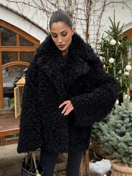 Черная короткая шуба - дубленка из испанской овчины «Тиградо» - фото 5