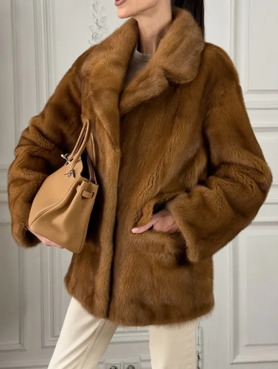 Полушубок норковый Vintage Dark Gold с английским воротником - фото 4