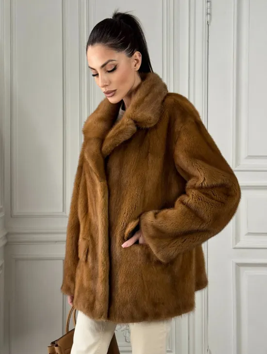 Полушубок норковый Vintage Dark Gold с английским воротником - фото 7