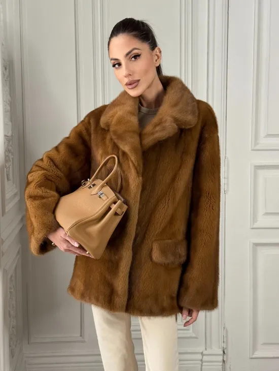 Полушубок норковый Vintage Dark Gold с английским воротником - фото 11