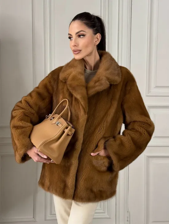 Полушубок норковый Vintage Dark Gold с английским воротником - фото 0