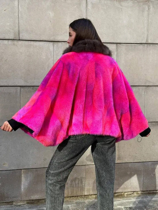 Полушубок - летучка из меха норки в цвете фуксия 