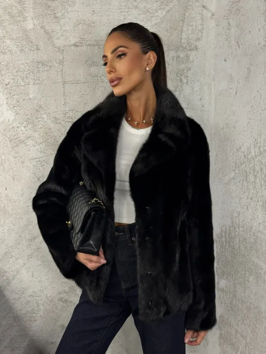 Черный норковый кроп - жакет с английским воротником - фото 10