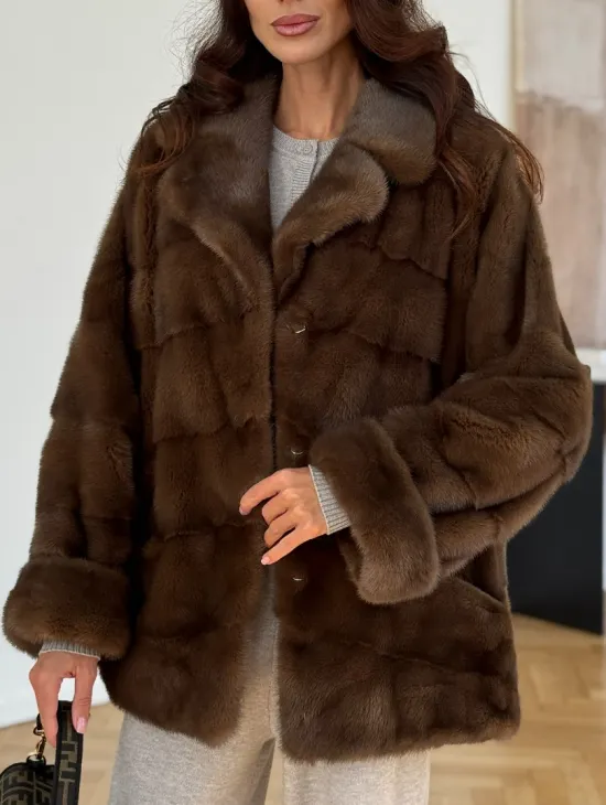 Шуба-кокон из норки с английским воротником и манжетом - фото 3