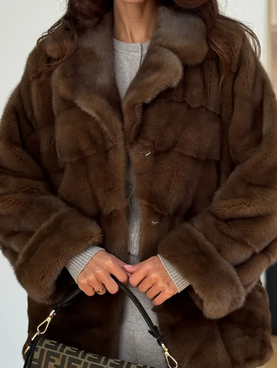 Шуба-кокон из норки с английским воротником и манжетом - фото 1