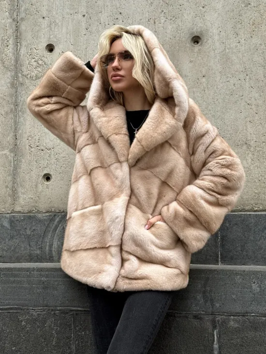 Женский норковый полушубок Premium fur с капюшоном 