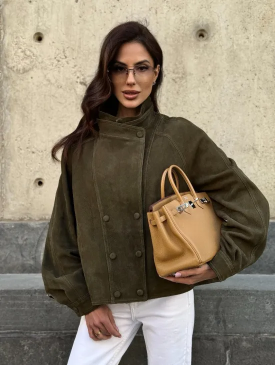 Женский замшевый блейзер - стойка воротник - фото 10