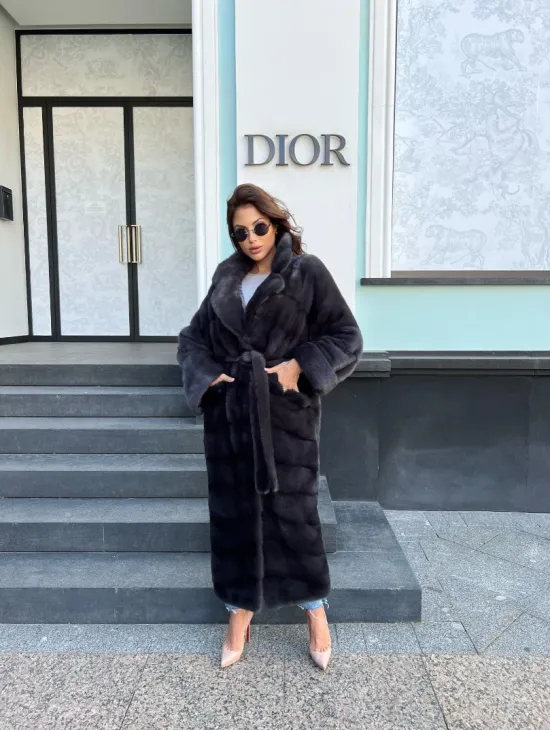 Длинная норковая шуба в цвете графит - фото 1