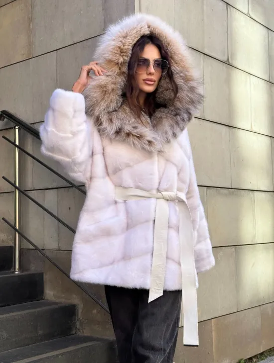 Норковая шуба с мехом рыси - белая - фото 8