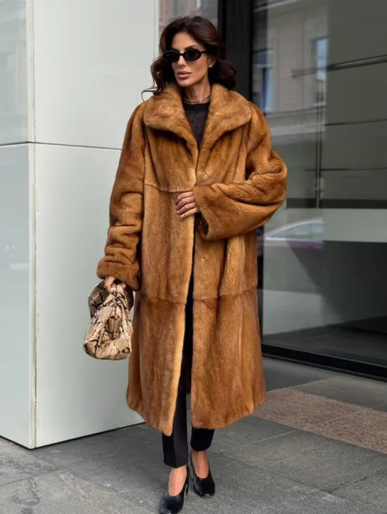 Золотистая норковая шуба с воротником апаш - New 2026 - фото 0