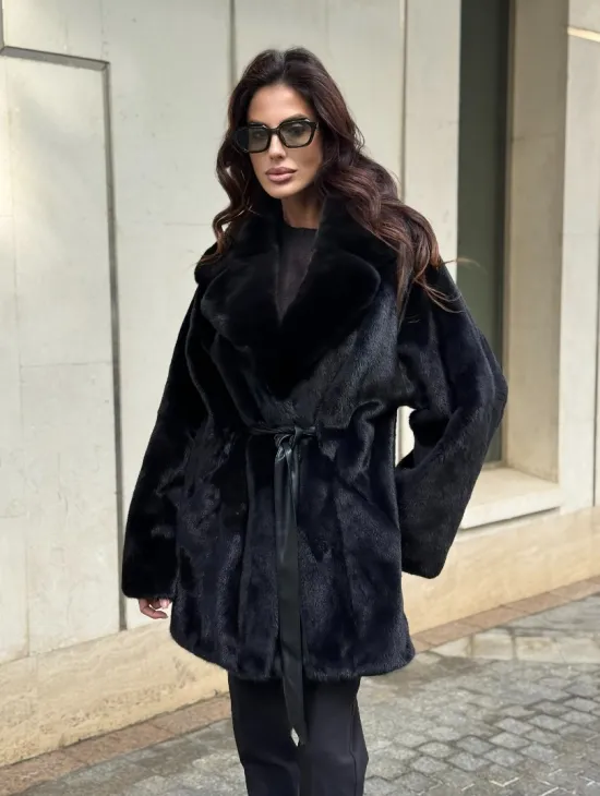 Полушубок из норки с английским воротником - черный - фото 8