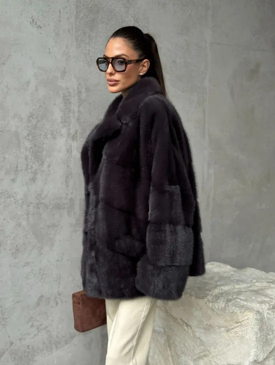 Меховой полушубок из норки  графит - фото 9