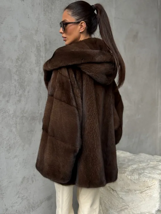 Норковый полушубок с капюшоном - цвет коричневый - фото 3