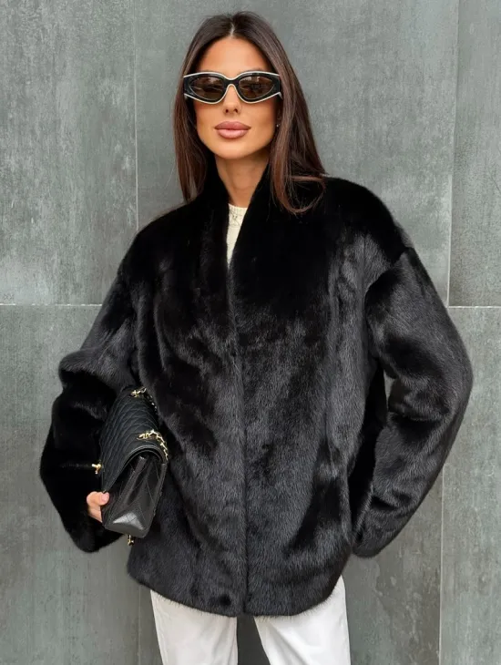 Черный норковый полушубок V-образный воротник - фото 2
